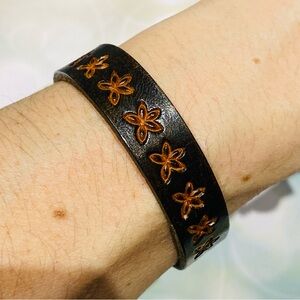 Artisan Floral Embossed Leather Bracelet - Black and Brown